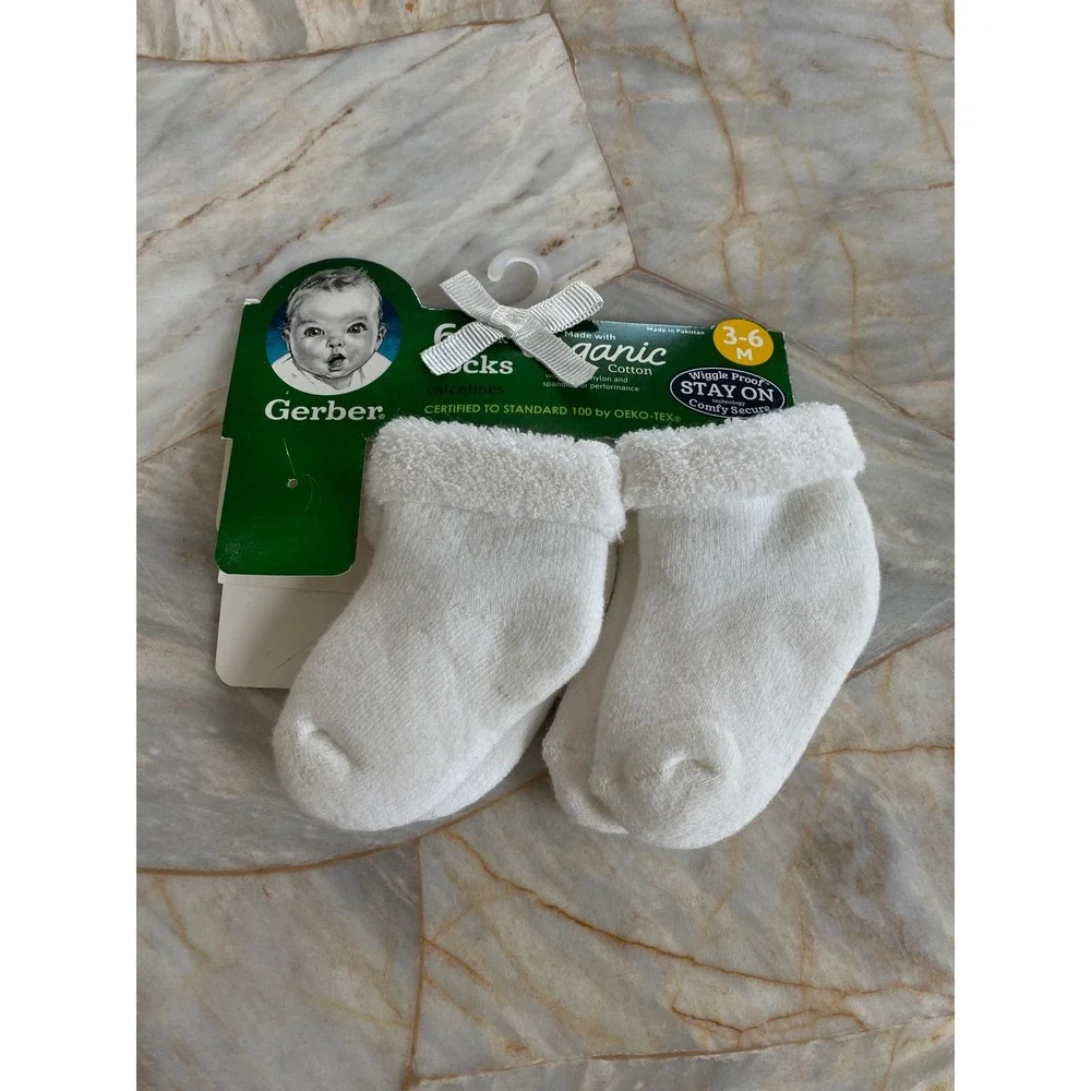 Gerber Baby Socks 3-6M White Organic Cotton Wiggle Proof Stay On Booties NEW